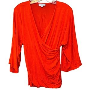 Joseph A Blouse Top Womens Small Orange Faux Wrap Slit Flared 3/4 Sleeve Casual